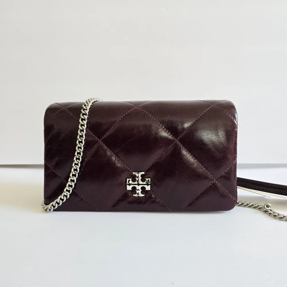 Tory Burch Kira Diamond Distressed Leather Chain Wallet Dark Carmine